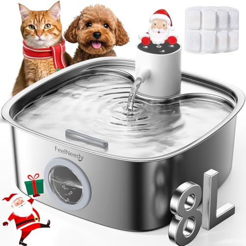 FEELNEEDY 8L Katzenbrunnen Kabellos, 5000mAh Trinkbrunnen für Hunde mit 3 Filters, Katzenbrunnen Edelstahl Spülmaschinenfest, Verbesserter Radarsensor