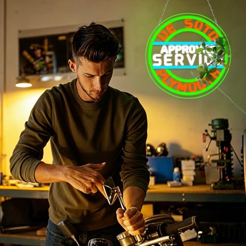 Image of WonderfulLife De Soto Approved Service Plymouth Vintage Classic Car or Automotive Repair Service Neon Sign,Dimmable Led Lights for Garage,Bright and Eye-Catching Wall Art.