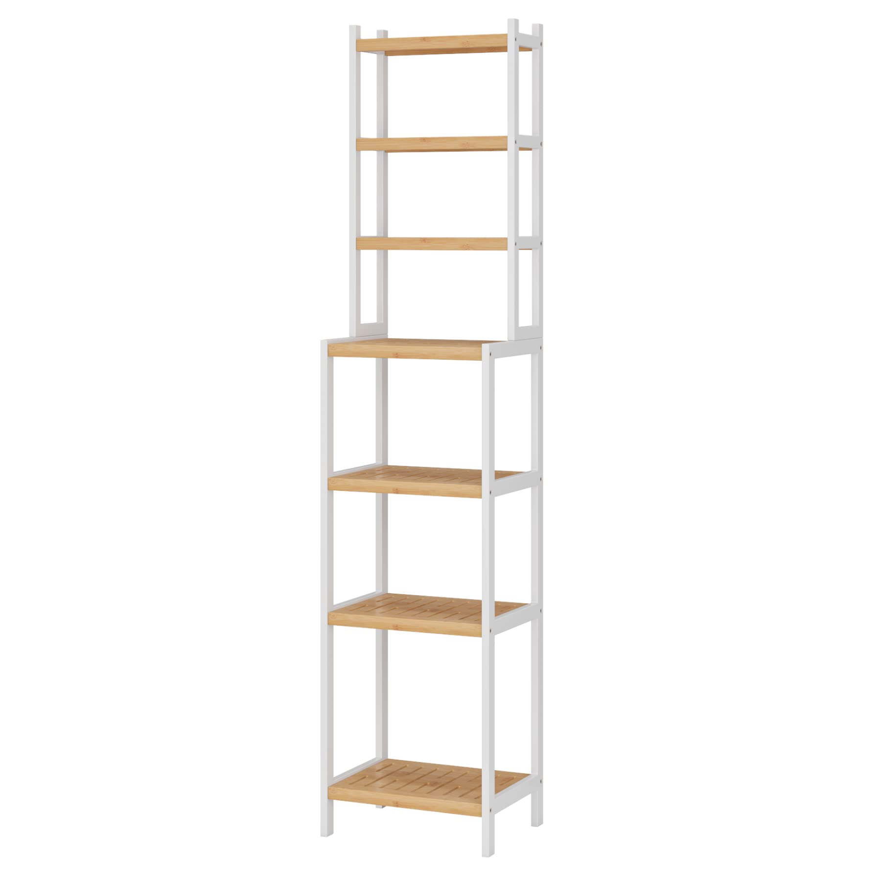 FOREHILL Estantería Baño de 7 Niveles de Bambú, Estantería Estrecha | Estantería Esquinera, Estantería de Almacenamiento, para Cocina,Sala de Estar,Dormitorio,Pasillo Blanco y natural 36x28x161cm