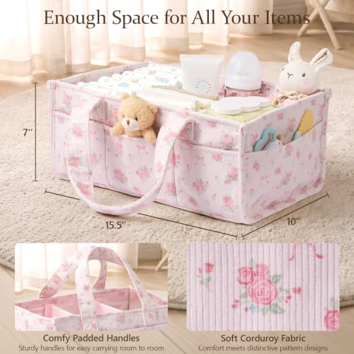 Image of Corduroy Baby Diaper Caddy Organizer with Handles, Nursery Storage Basket