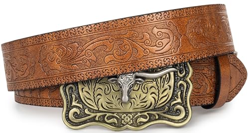 INOGIH Cinturón vintage con hebilla de toro para hombre y mujer, Marrón, For Waist 33-36 in