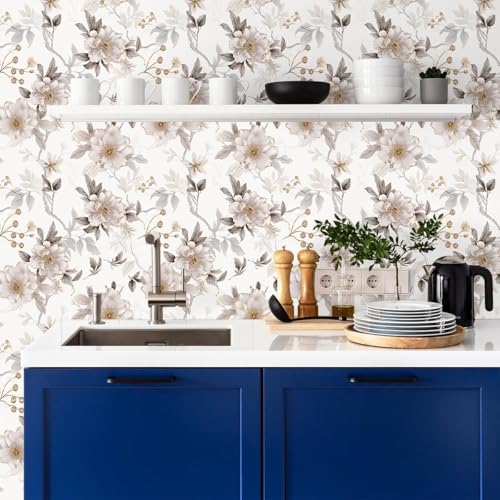 Image of White Boho Floral SELF Adhesive Wallpaper for Living Room Bed Room Kitchen Peel and Stick Vinyl Wallpaper - 9 Sqft.Approx
