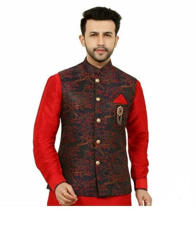Amzira Men’s Ethnic Wear Silk Blend Red-Blue Printed Only Nehru Jacket Amzira Men’s Ethnic Wear Silk Blend Red-Blue Printed Only Nehru Jacket