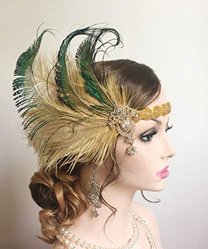 Anglacesmade Bridal 1920S Flapper Feather Headband With Crystal Beaded Head Chain Peacock Feather Roaring 20S Headpiece Prom Party Festival Gatsby Hair Jewelry For Women And Girls #TOP15