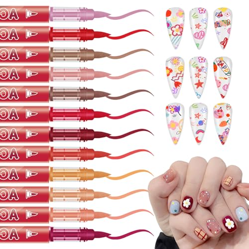 Image of IONSGAKO 12 Colors Nail Art Pens Set, Nail Polish Pens Quick Dry, Red