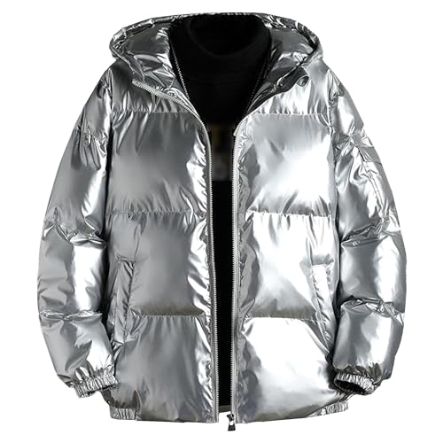 Men's Thicken Hooded Silver Jacket Bright Metallic Shiny Slim Fit Coat Male Padded Bomber Winter Hood Outwear