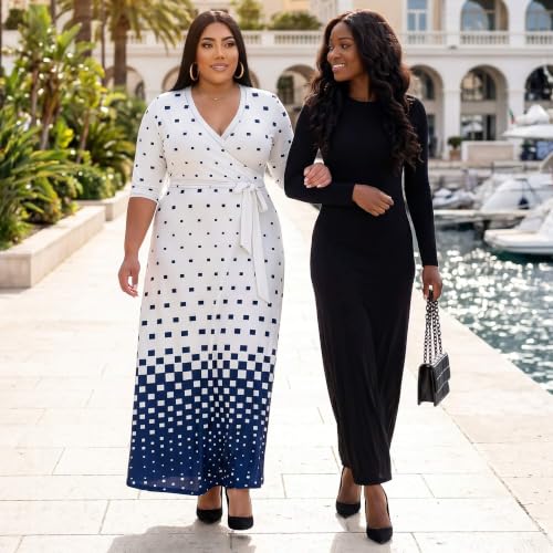 Image of Runwind Plus Size Dresses for Women Floral Maxi Dress Flowy 3 /4 Sleeve with Belt