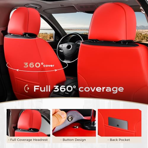Image of Coverado Car Seat Covers Full Set, Seat Covers for Cars, Front Seat Covers and Back Seat Cover Waterproof Leather Automotive Seat Cover, Universal Car Interior Protectors Cushion for Most Cars Red