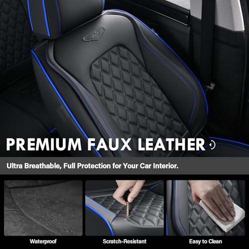 Image of Coverado Front Car Seat Covers, Non-Slip Dust-Proof Nappa Leather, Universal Fit for Cars & Pickup Trucks, Waterproof Car Seat Protectors, Black & Blue Design for Sedans & SUVs
