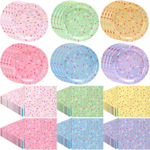 Mimorou 48 Pcs Pastel Donut Confetti Plates and Napkins Party Supplies Sprinkle Paper Plates Disposable Cocktail Napkins for Sprinkle Ice Cream Grow up Theme Baby Shower Party for 24 Guest(Regular)