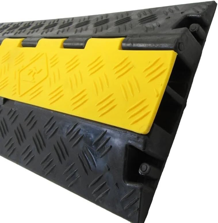 Pittman 40" CR2 Protective Pedestrian Cable Cover Ramp, 2 Channel Rubber Skid-Resistant Wire Protector for Light Traffic, Black with High-Visibility Yellow Lid (756352)