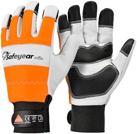 SAFEYEAR Kettensägen-Handschuhe, L, Weißes Rindsleder & PVC-verstärkt, EVA-Stoßdämpfung, Fluoreszierendes Orange reflektierend, Kettensägen-sichere linke Hand, Klettverschluss - La
