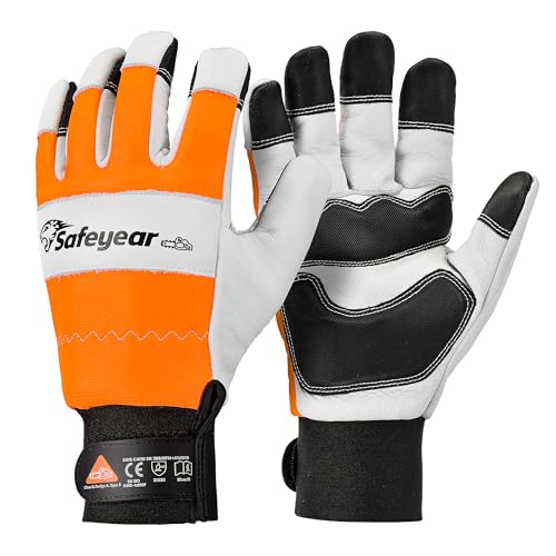 SAFEYEAR Gants de tronçonneuse, taille L, cuir de vachette blanc et PVC renforcé, absorption des chocs EVA, orange fluorescent réfléchissant, main gauche sûre pour tronçonneuse