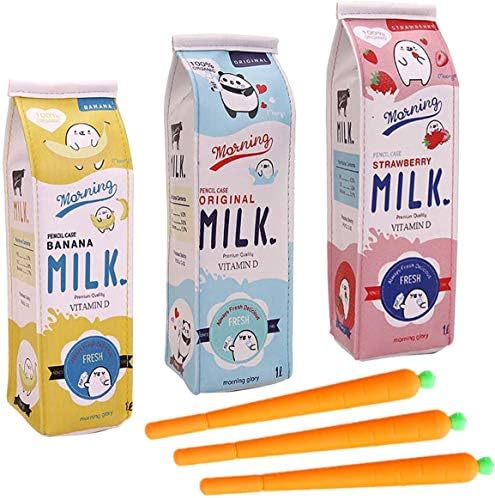NYKKOLA Kawaii Set of 3 Milk Carton Cases Cosmetic Bag + 3 Carrot Gel Ink Pens