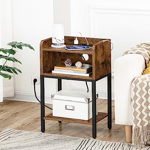 HOOBRO Nachttisch, Beistelltisch mit Ladestation, Nachtschrank mit 2 AC-Anschlüssen, 2 USB-Anschlüssen, für Schlafzimmer, Wohnzimmer, Vintagebraun...