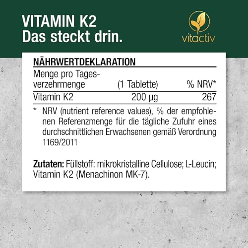 VITACTIV Vitamin K2 Tabletten 200 µg - 180 Stück (180) - Vitamin K2 MK7 All Trans Menaquinon - Für Knochen & Blutgerinnung, Alternative zu K2 Tropfen - Hochdosiert, hohe Bioverfügbarkeit, Vegan