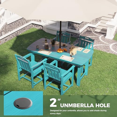 Image of HDPE Outdoor Dining Set, Patio Table and Chairs Set, All-Weather 5-Piece Outside Table and 4 Chairs, 2 inch Umbrella Hole, Outdoor Furniture for Garden, Poolside, Backyard, Deck | Lake Blue