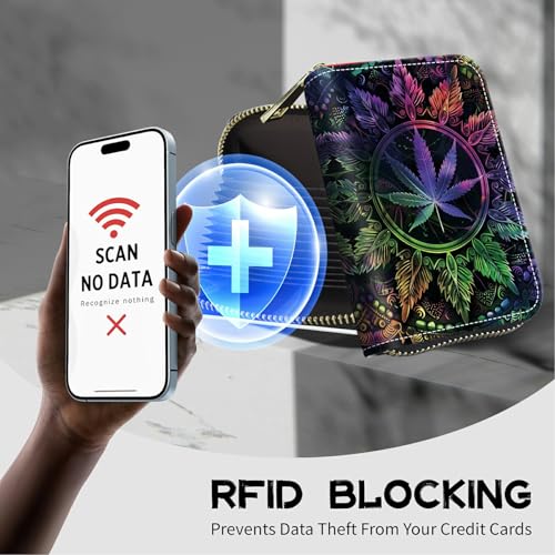 Image of Cute Credit Card Holder with Zipper, Color Weeds RFID-Blocking Card Case Small Wallet for Women Men, Multi-slot Card Organizer Case Travel Accordion Wallet