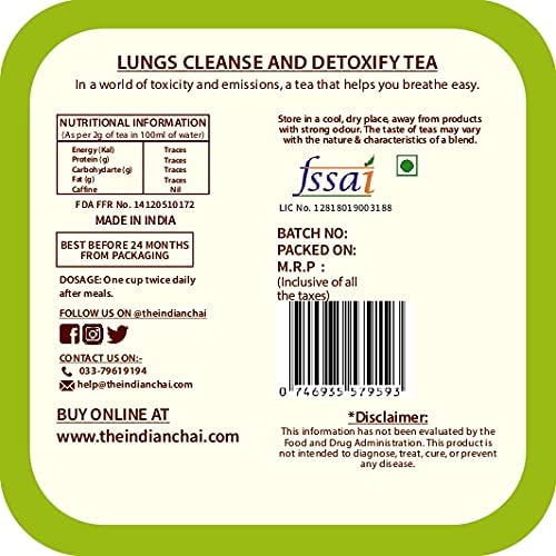 Image of The Indian Chai - Lung Cleanse & Detox Tea 100g with Burdock Root, Valerian, Mullein, Eucalyptus, Gingko Biloba & Licorice for Respiratory Health - Caffeine Free Herbal Infusion