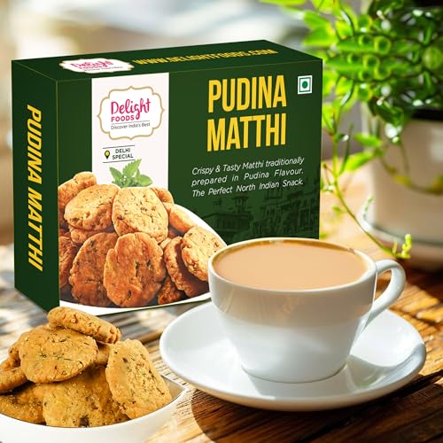 Image of Delight Foods Pudina Mathri 300g | Ready to Eat Tea Time Namkeen| Healthy | Crispy Pudina Flavour Mathrii | North Indian Snacks