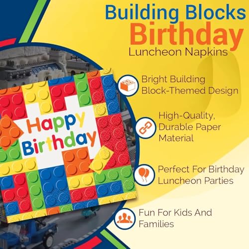 Image of Bold & Bright Building Blocks Birthday Luncheon Napkins (Pack of 16) - Sturdy & Stylish Design - Perfect Party Essential for Lovers