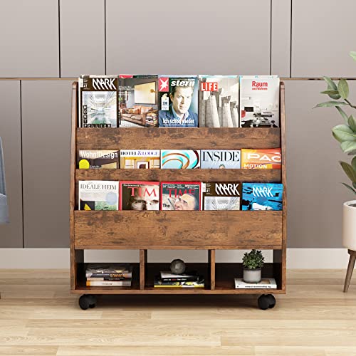 Min Win Double Sided Mobile Bookcase Display Stand,4 Tier Wood Open Book Shelf Magazine Bookshelf With 3 Cube Units, Sling Storage Bookshelf Wide Magazine Shelf For Offices, Library,Schools,Retro #TOP4