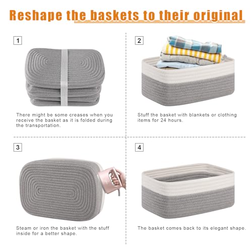 OIAHOMY 4 Pack Storage Baskets for Organizing, Small Baskets for Shelves, Cute Decorative Storage Bins, Organizer Baskets for Gifts Empty, Woven Baskets for Storage, 11.8''Lx7.8''Wx4.7''H, Grey/White by OIAHOMY - Image 7