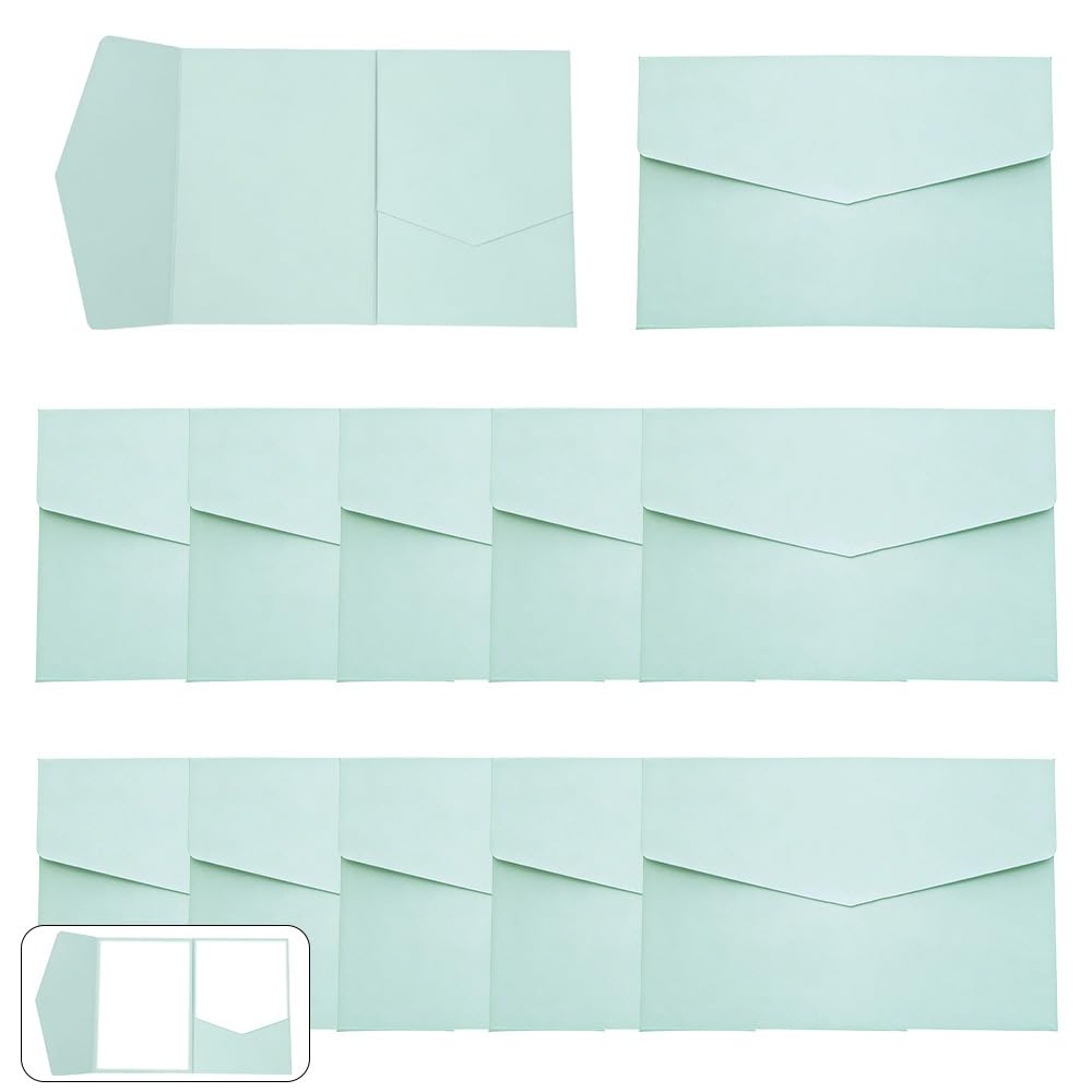 WYAN Pack of 12 Pale Blue Envelope, Wedding Invitation Card Pocket with Envelop, Tri-fold Wedding Invitation for Wedding Cards Bridal Shower Engagement Birthday Graduation Business Invitations