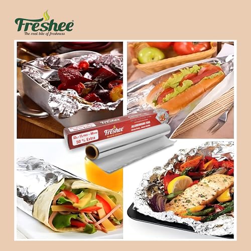 Image of Freshee 50gm Aluminium Silver Kitchen Foil Roll Paper Pack of 5|11 Micron Thick|Food wrap|Disposable Food Parcel|Fresh Food