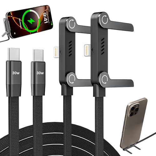 2 Pack USB C to Lightning Cable with Built-in Metal Phone Stand PD 30W Invisible Holder Charger Cable 90 Degree Braided Flat Lightning Charging Cable Foldable Data Cable Standing for iPhone 14-5