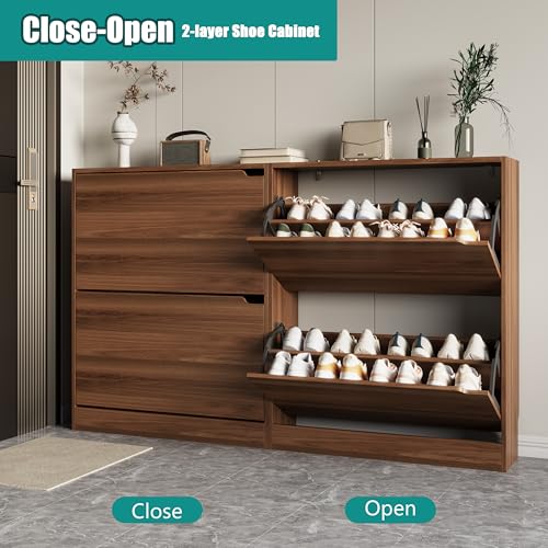 Image of Xixini Shoe Storage Cabinet for Entryway with 2 Flip Drawers, Wood Freestanding Hidden Shoe Storage, Narrow Slim Sturdy Shoe Organizer for Front Door Entrance, Living Room, Hallway, Bedroom, Walnut
