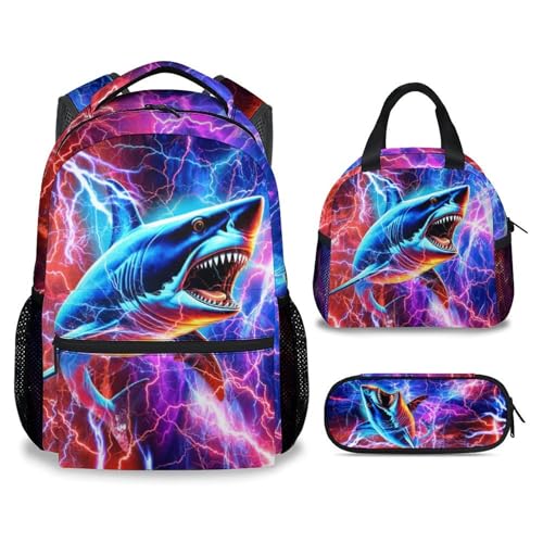 School Backpack with Lunch Box for Boys - 3PCS Shark Backpacks Matching Combo for Preschool, Aesthetic School Bookbag Pencil Pouch Bundle