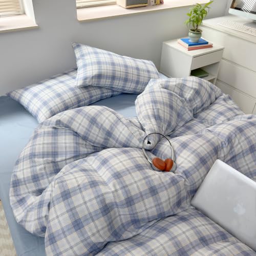 Image of EAVD Gingham Duvet Cover Full Blue Yellow Grid Plaid Duvet Cover Set | Soft Muslin Cotton 3-Piece Gingham Bedding Set 1 Duvet Cover with 2 Pillowcases Geometric Pattern Zipper Closure Corner Ties