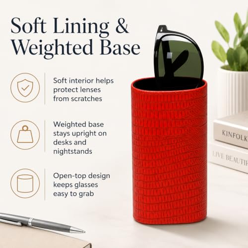 Image of Calabria Desktop Eye Glasses Holder Soft Lining Weighted Base Eyeglasses Stand Case Desks Nightstands PU Leather Mens Womens