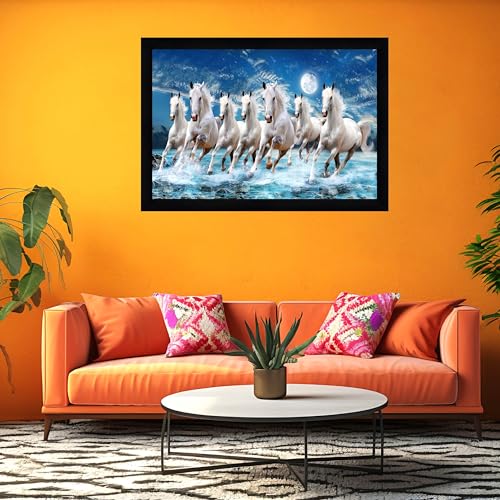 Image of Indianara Vastu Running Seven Horse Painting With Frame 20 Inches X 14 Inches (Style 11)