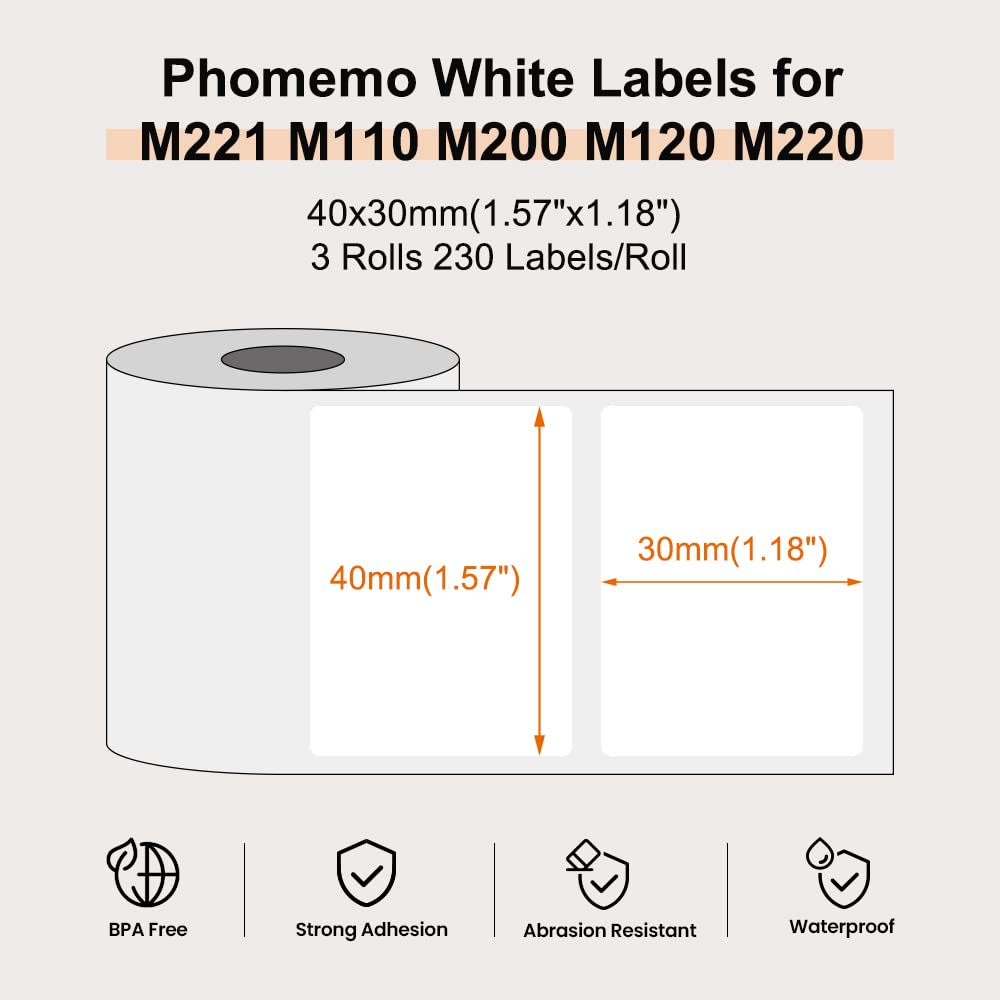 Phomemo M110/M220/M221/M200/M120/M100/M108/M150/M250/M260 samoprzylepne etykiety 40 x 30 mm (40 x 30 mm), 230 etykiet na rolce (3 rolki) EN EN