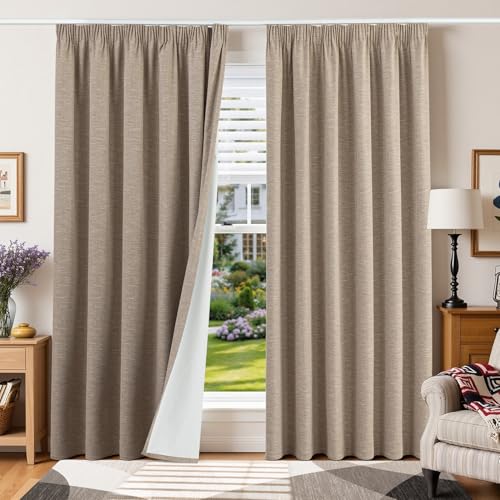 Runyéla 100% Occultant Rideau avec Galon Fronceur Thermiques Isolant Anti Froid, Lot de 2 200x245(LxH) Rideaux Lin pour Rail de Chambre Salon Masion Anti Chaleur Bruit