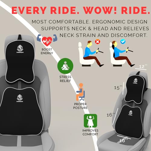 Image of MRRON Orthopedic Memory Foam Lumbar Backrest & Neck Rest Cushion for Car Seat - Ergonomic Car Back & Neck Support Pillow Combo - Pain Relief for Long Drives, Sciatica, Posture (Black, Slim Backrest)