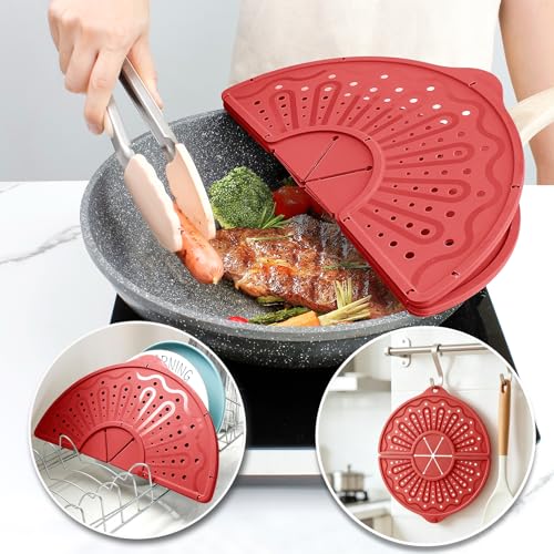 Image of Silicone Splatter Screen For 10, 11 and 12 Inch Frying Pan, Foldable, Multi-Use Grease Trivet Mat, 12 inch Non-Stick Oil Splatter Guard For Mixer, Dishwasher Safe, BPA Free,Red