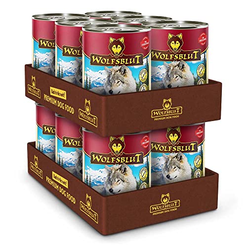 WOLFSBLUT – Blue Mountain Adult | Nassfutter mit natürlichen Zutaten und wertvollen Superfoods für ausgewachsene Hunde. Getreidefreies Alleinfutter ohne Zusatzstoffe in der Dose | 12x395g Wild
