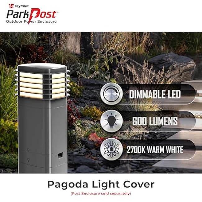 TayMac Gray Pagoda Light Slide Cover PPPLG for ParkPost Outdoor Power Enclosure (Required), 600-Lumen 2700K Polycarbonate Post Cap Light for Garden Decor, Seamless Pagoda Lighting Accessory