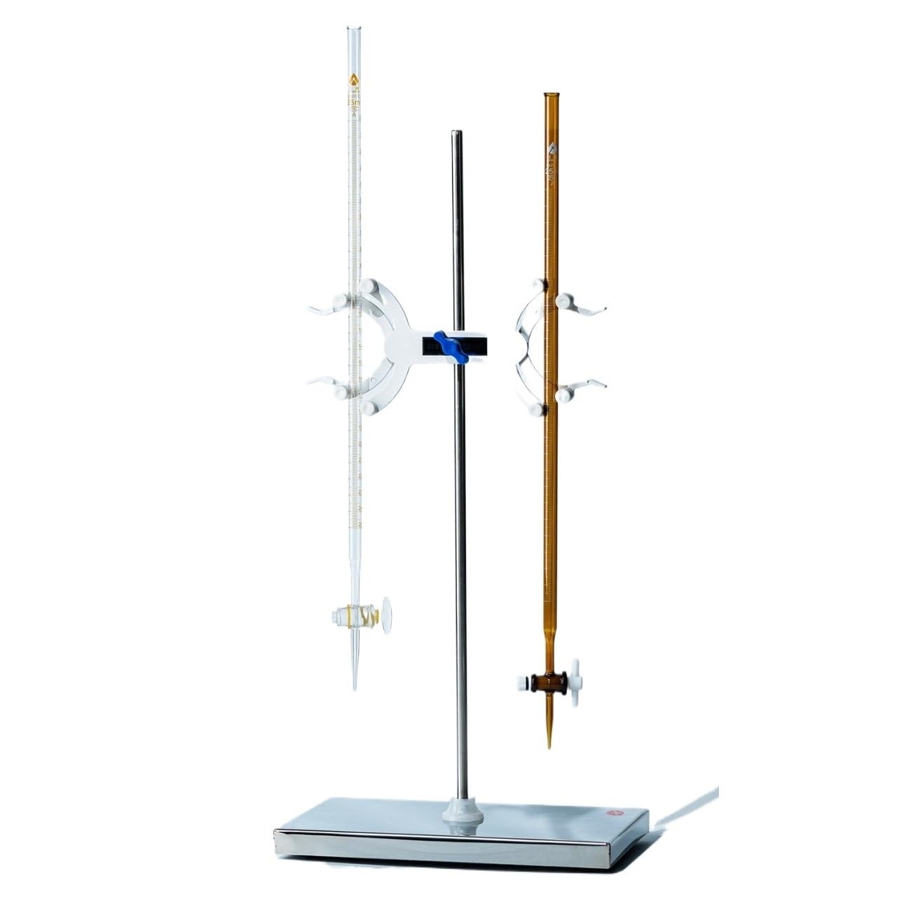 Bürette Klasse A mit PTFE-Hahn, Präzisions-Titrationsröhrchen für Säuren & Laugen, 10ml 25ml 50ml, Bernstein/Klar(Blue white lines acidic 50ml)