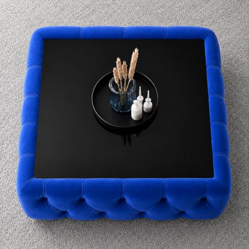 Image of Premium Tufted Upholstered Coffee Table with Mica Top - Modern Square Ottoman Center Table, Soft Velvet Finish, Luxury Living Room Furniture - 30 x 30 x 18 Inch (Royal Blue)