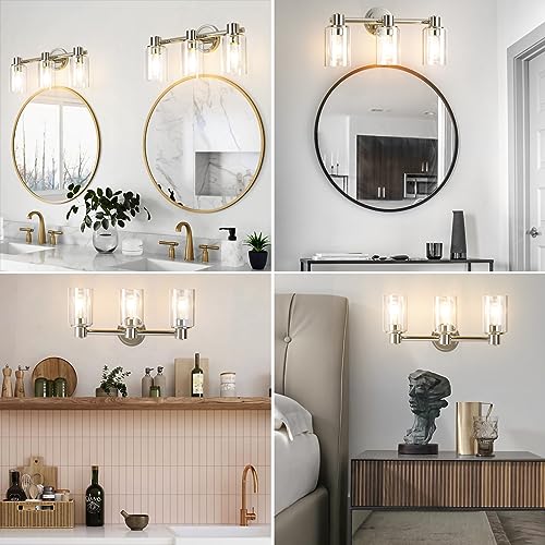 Image of 3 Light Bathroom Wall Light Fixtures Chrome Bathroom Wall Sconce with Clear Glass Lights Over Mirror Vanity Lights E26 Base