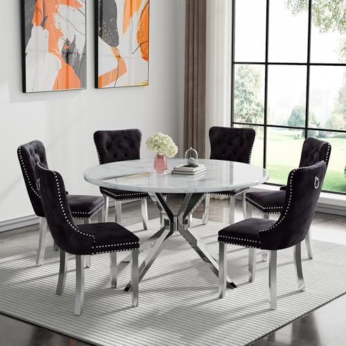 Image of 7-Piece Round Dining Table Set for 6, Modern Faux Marble Kitchen Table and Black Velvet Chairs Set of 6, Luxury 45 inch Circle White Silver Dining Room Tables with Stainless Steel Cross Legs