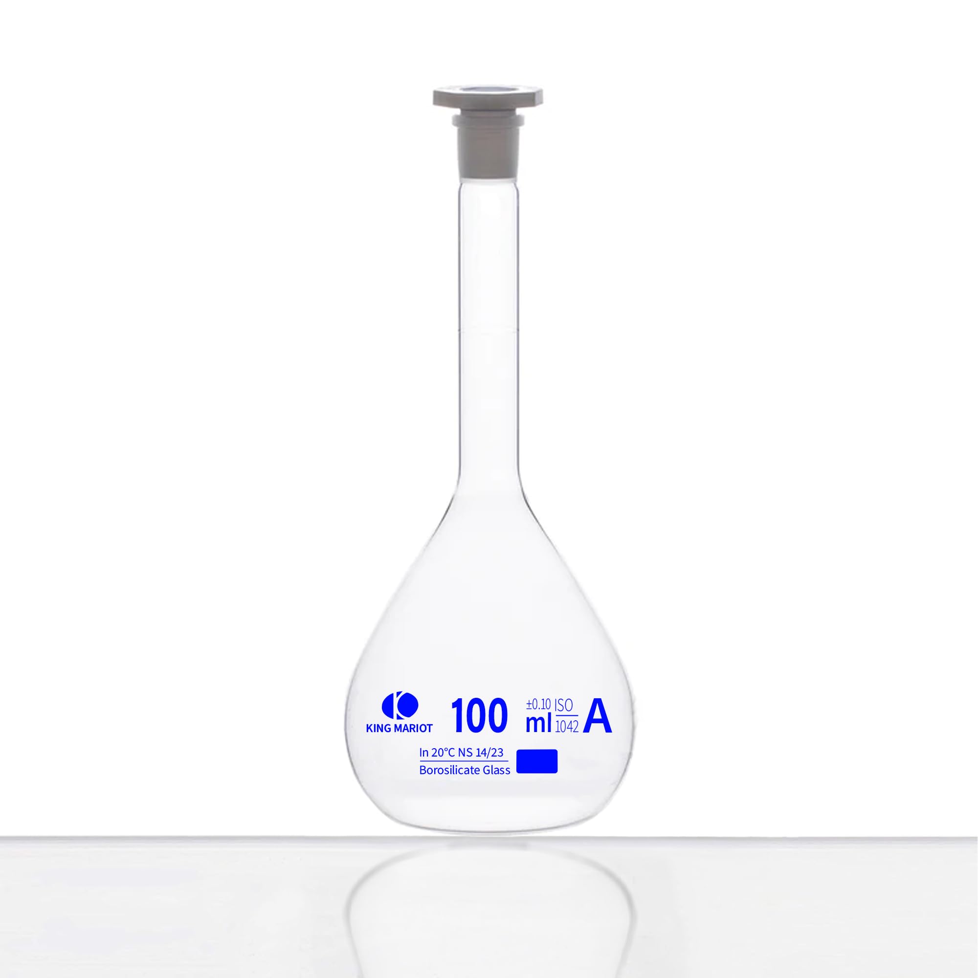 King Mariot Medical Equipments 100ml Volumetric Flask | Class A | Borosilicate Glass 3.3 | Blue Graduation, Tolerance ±0.10 | 14/23 Polyethylene Stopper (1)