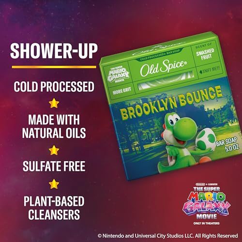 Image of Old Spice Bar Soap for Men, x The Super Mario Galaxy Movie, Cold Pressed with Grit, Made with Natural Oils & Plant Based Cleanser, Smashed Fruit with Passion Fruit & Sunshine Scent, 5.0 oz