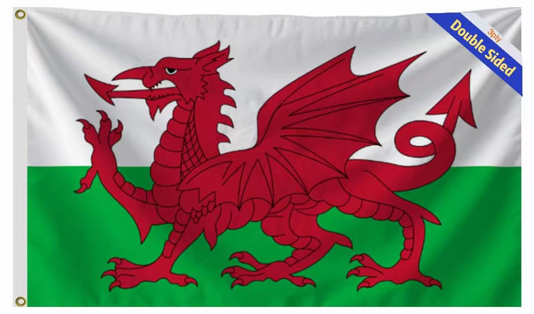Double Sided 3-Layer Welsh Flag 5X8FT,150X240CM WalesFlag, Vivid Color Double Stitched Outdoor and Indoor Decor Banner,UV Resistant Polyester Flags with Brass Grommets. (Wales, 5X8 3PLY)