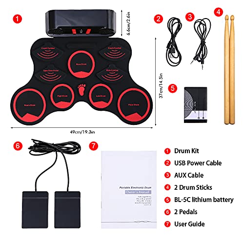 summina Tragbares E-Drum-Set Digitales MIDI-Roll-Up-Drum-Kit 9 Silikon-Durm-Pads Eingebaute Stereo-Lautsprecher Wiederaufladbare Lithium-Batterie mit 2 Fußpedalen für Kinder Kinder Anfänger - Image 3