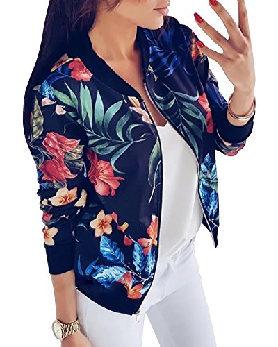 Minetom Femme Manteau Veste Mode Chic Casual Fleur Imprimé Manches Longues Zippé Blouson Bomber Jacket Outwear Court pour Printemps Automne Hiver Bleu FR 38